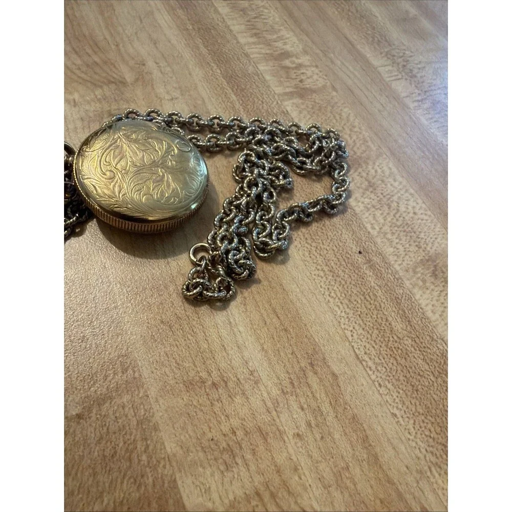 Bullova Caravelle MINI Full Hunter Manual Pocket Watch Chain Vintage Gold Tone